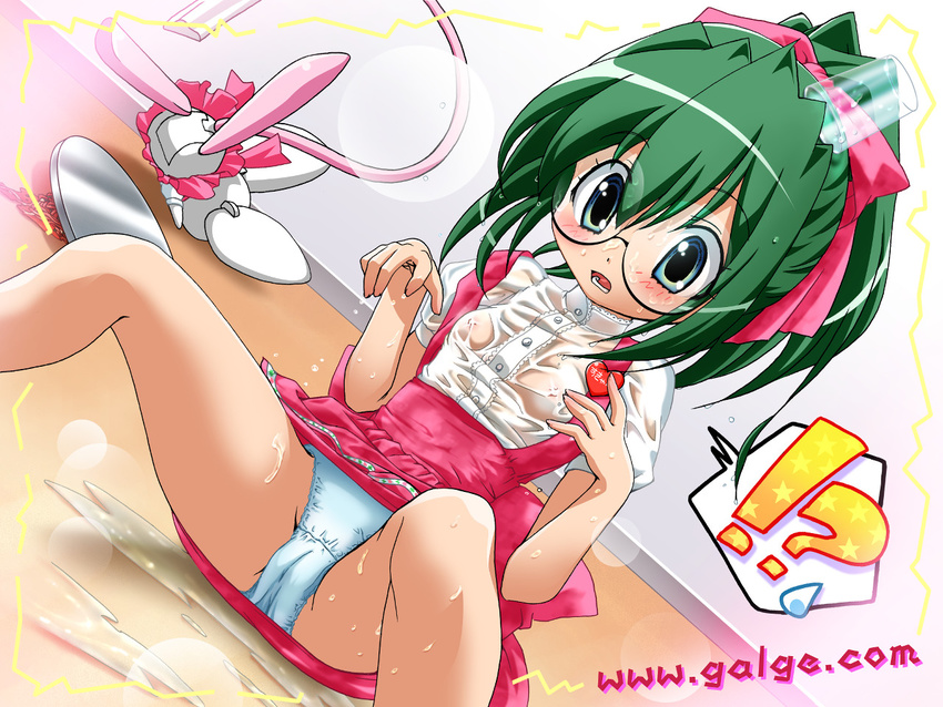 1girl anna_miller artist_request blue_eyes blush bow cameltoe cup dutch_angle galge.com glasses green_hair hair_bow heart mouse_(galge.com) name_tag open_mouth original panties pantyshot pink_bow scanner_(galge.com) see-through short_hair sitting spill spoken_sweatdrop spread_legs sweatdrop tray tripping underwear waitress wallpaper watermark web_address wet wet_clothes