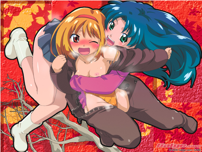 blue_hair blush boots breasts galge.com green_eyes hairband hug jumpsuit long_hair medium_breasts multiple_girls off_shoulder one_eye_closed orange_hair orange_panties panties red_eyes sakechan short_hair skirt strap_slip underwear undressing wallpaper