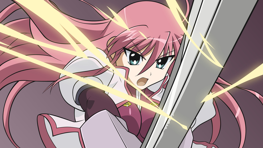 bangs highres levantine lyrical_nanoha mahou_shoujo_lyrical_nanoha_strikers signum solo sword vector_trace weapon