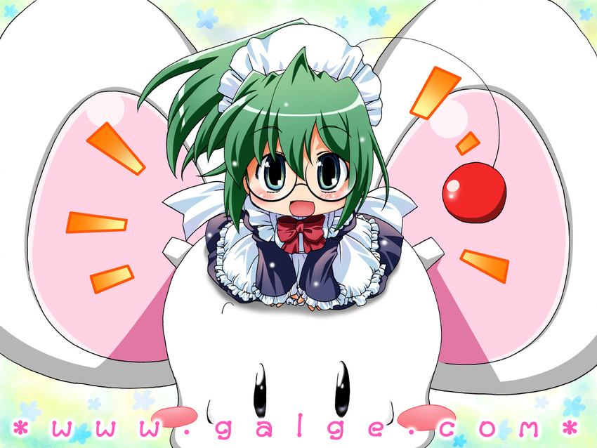 :d artist_request blue_eyes blush blush_stickers chibi galge.com glasses green_hair looking_at_viewer maid mouse mouse_(galge.com) open_mouth original scanner_(galge.com) short_hair sitting smile v_arms wallpaper watermark web_address