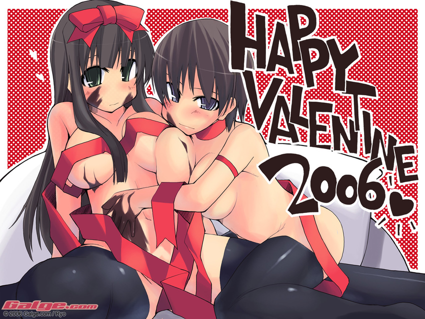 2girls asymmetrical_docking breast_press breasts chocolate frame galge.com happy_valentine jpeg_artifacts large_breasts looking_at_viewer multiple_girls naked_ribbon no_nose nude polka_dot polka_dot_background ribbon ryou straddling thighhighs valentine