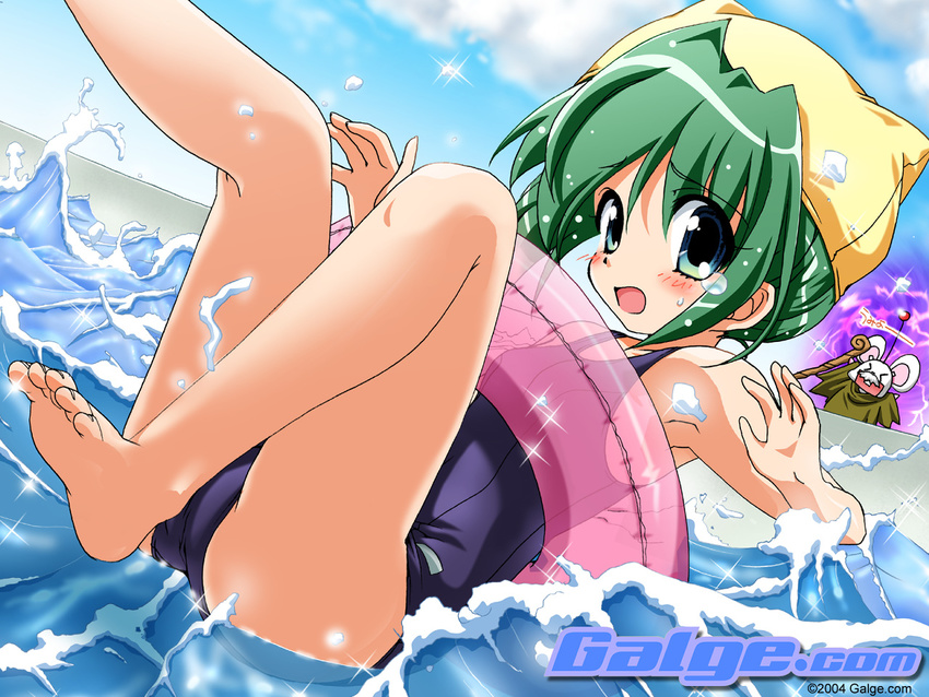 artist_request barefoot black_school_swimsuit blue_eyes blush cloud day dutch_angle eyes_visible_through_hair feet galge.com green_hair hat innertube legs looking_at_viewer magic mouse mouse_(galge.com) nervous one-piece_swimsuit open_mouth original pillow_hat pool scanner_(galge.com) school_swimsuit sky sparkle staff swimsuit toenails wallpaper water watermark web_address