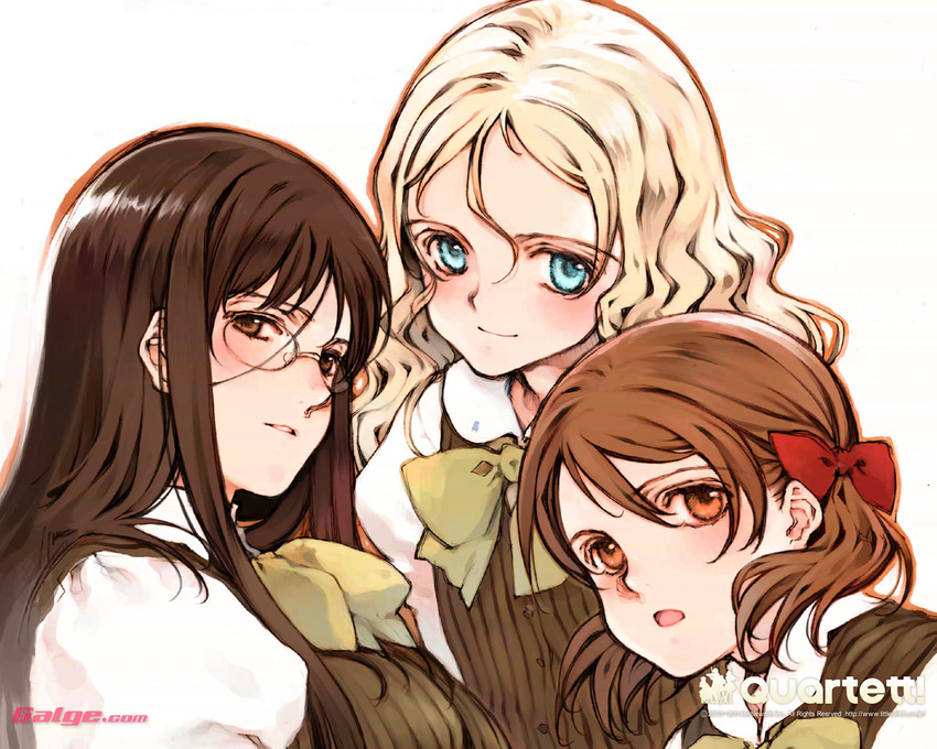 aqua_eyes bangs blonde_hair blush bow breasts brown_eyes brown_hair charlotte_francia galge.com glasses hair_between_eyes juni_argiano large_breasts li_shuhua long_hair looking_at_viewer multiple_girls neck_ribbon ooyari_ashito parted_bangs puffy_sleeves quartett! ribbon school_uniform short_hair sidelocks twintails wavy_hair