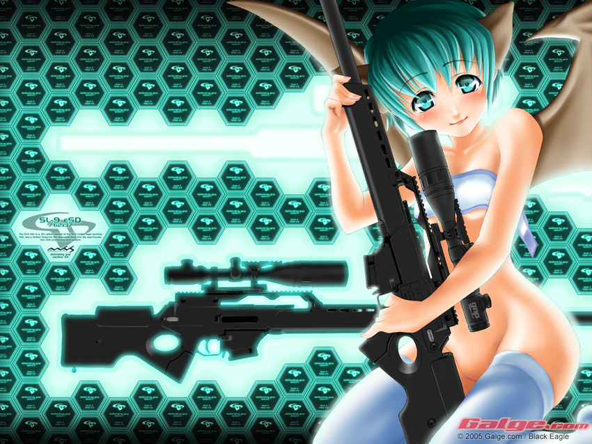 aqua_eyes aqua_hair black_eagle blush demon_girl galge.com gun heckler_&amp;_koch no_panties rifle scope sl8 sniper_rifle solo strapless thighhighs tubetop weapon wings