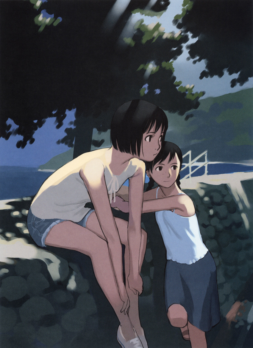 bangs black_eyes black_hair blue_sky bob_cut braid camisole copyright_request dappled_sunlight day denim denim_shorts highres looking_away looking_to_the_side multiple_girls ocean outdoors railing shade shirt short_hair shorts sitting skirt sky sleeveless sleeveless_shirt smile standing summer sunlight swept_bangs takamichi tree twin_braids twintails