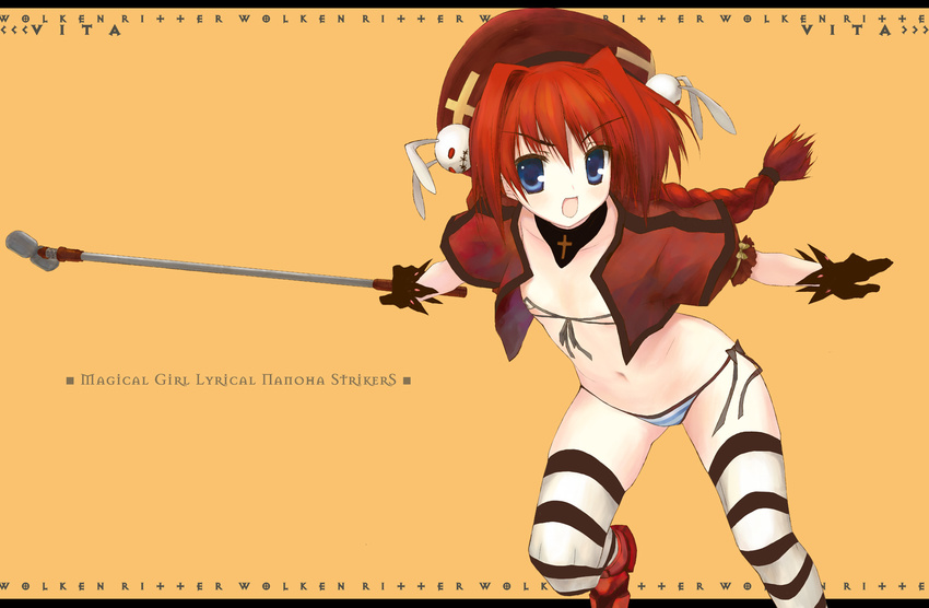 bra braid gloves graf_eisen hat highres jacket kagutsuchi_(l'archange) lingerie lowleg lowleg_panties lyrical_nanoha mahou_shoujo_lyrical_nanoha_strikers panties red_hair side-tie_panties single_braid solo staff striped striped_legwear striped_panties thighhighs underwear vita