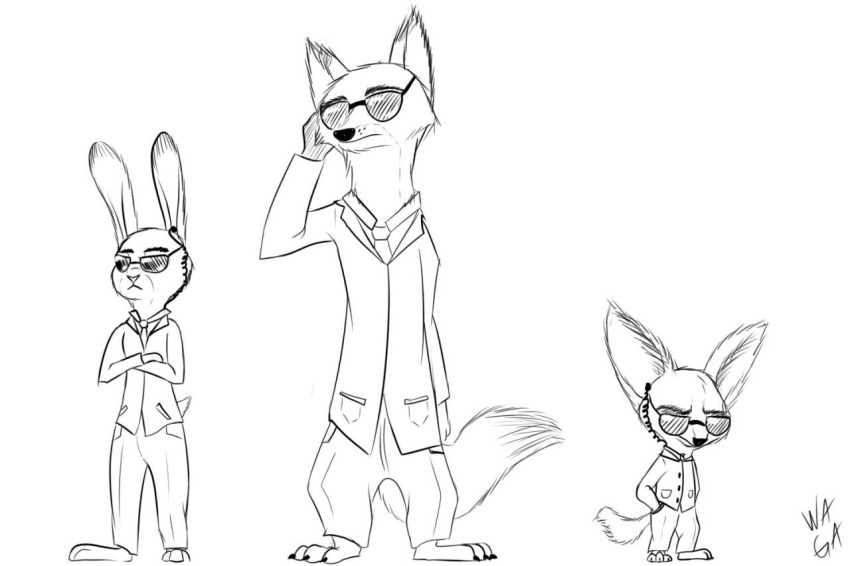 black_and_white canine crossed_arms disney eyewear female fennec finnick fox greyscale group judy_hopps lagomorph line_art male mammal monochrome nick_wilde rabbit simple_background sunglasses w4g4 white_background zootopia