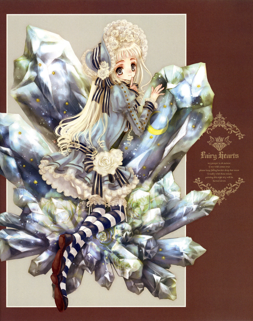 absurdres azumi_tooru blonde_hair brown_eyes crystal dress fairy_hearts faux_figurine grey_dress highres juliet_sleeves long_hair long_sleeves looking_at_viewer puffy_long_sleeves puffy_sleeves rock solo striped striped_legwear text_focus thighhighs very_long_hair zettai_ryouiki