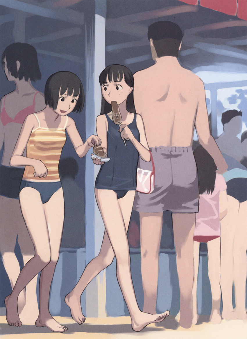 4girls barefoot bikini bikini_bottom black_hair black_school_swimsuit camisole copyright_request feet flat_chest food freckles highres ikayaki long_hair multiple_girls one-piece_swimsuit school_swimsuit shirt short_hair squid striped striped_shirt swimsuit takamichi