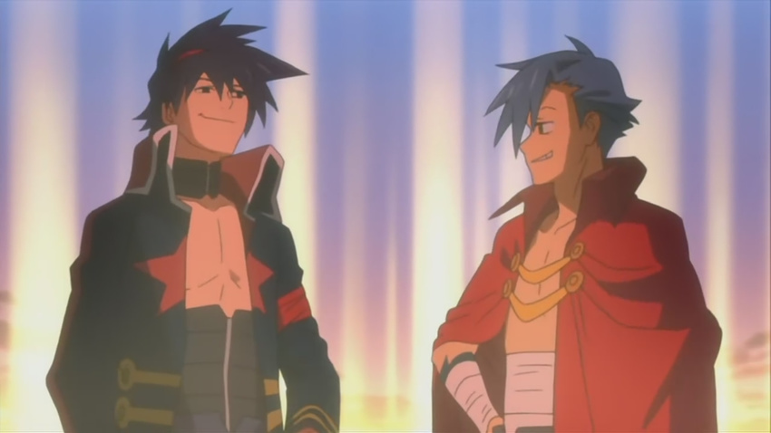 backlighting bandaged_arm bandages black_eyes black_hair blue_hair brown_eyes cape closed_mouth coat collarbone grin hairband hand_on_hip kamina long_sleeves male_focus multiple_boys open_clothes open_coat profile red_cape red_hairband screencap simon smile smug star star_print tengen_toppa_gurren_lagann upper_body