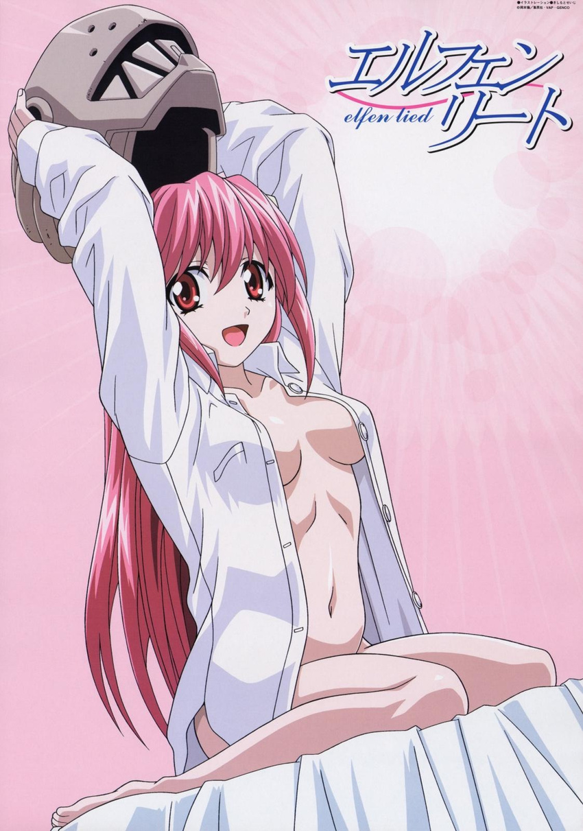 arms_up barefoot bottomless dress_shirt elfen_lied feet headwear_removed helmet helmet_removed highres horns kishimoto_seiji long_hair lucy_(elfen_lied) navel no_bra nyuu official_art open_clothes open_mouth open_shirt pink_eyes pink_hair shirt sitting solo wariza white_shirt