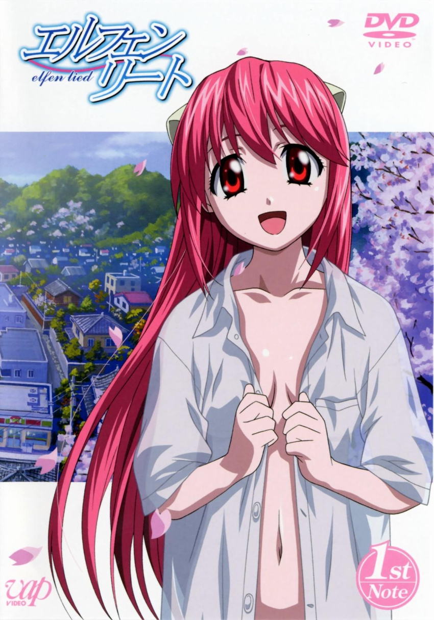 :d cherry_blossoms cityscape cover dress_shirt dvd_cover elfen_lied happy highres horns kishimoto_seiji long_hair lucy_(elfen_lied) navel no_bra nyuu official_art open_clothes open_mouth open_shirt petals pink_hair red_eyes shirt smile solo very_long_hair