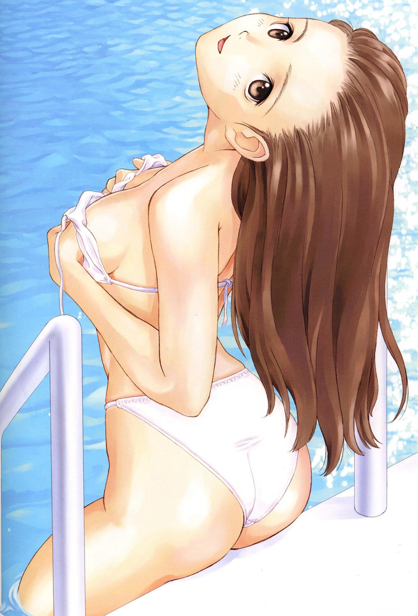 ass back bikini breasts brown_eyes brown_hair copyright_request covering covering_breasts ears from_behind highres long_hair looking_at_viewer looking_back looking_up medium_breasts pool pool_ladder poolside reflection scan sitting soaking_feet solo string_bikini sunlight swimsuit tanaka_takayuki untied water wet white_bikini