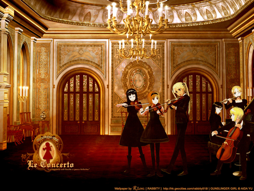 angelica_(gunslinger_girl) blonde_hair bob_cut cello claes elsa_de_sica flute formal grand_piano gunslinger_girl henrietta_(gunslinger_girl) highres instrument multiple_girls piano piano_bench rico_(gunslinger_girl) translated triela violin wallpaper