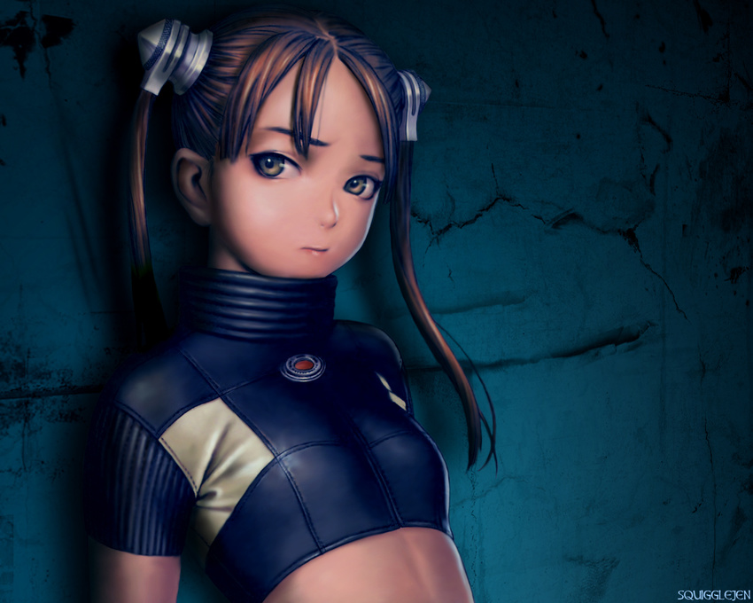 against_glass bangs border breasts brown_hair closed_mouth crop_top frown furrowed_eyebrows green_eyes hair_ornament leaning_back leather long_hair murata_renji ribbed_sleeves short_sleeves sideways_glance small_breasts solo stitches third-party_edit turtleneck twintails upper_body wallpaper