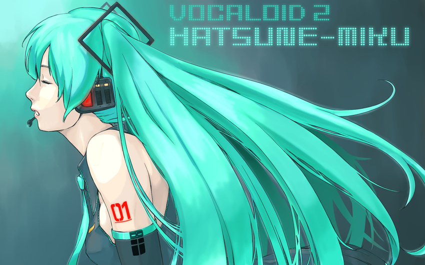 aqua_hair aqua_neckwear character_name closed_eyes collared_shirt copyright_name detached_sleeves from_side gradient gradient_background green_hair grey_shirt hair_ornament hatsune_miku headphones long_hair microphone music necktie number profile shirt singing solo tanaka_hirotaka tattoo twintails vocaloid wallpaper