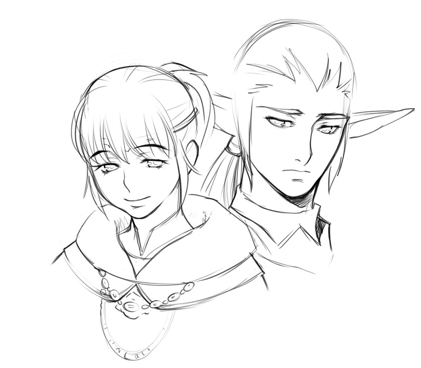 1girl elf elvaan final_fantasy final_fantasy_xi greyscale hume kapolo_systems monochrome pointy_ears sketch