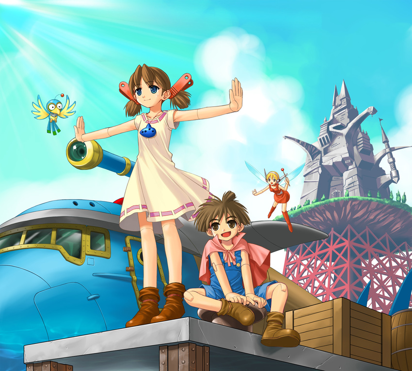 1boy 2girls :d android animal ankle_boots antennae arm_support armpits bangs bare_shoulders barrel belt bird bird_(wonder_project) blonde_hair blue_eyes blue_sky blush boots breasts brown_eyes brown_footwear brown_hair buttons capelet castle choker cleavage closed_mouth cloud constricted_pupils crate day denim dress fairy fairy_wings flat_chest flying full_body grass hair_ornament hairband hand_up happy harbor highres holding instrument jewelry josette knee_boots light_rays light_smile looking_to_the_side multiple_girls necklace ocarina open_mouth outdoors outstretched_arm outstretched_arms outstretched_wrists overall_shorts overalls parted_bangs pier pino_(wonder_project) red_dress red_footwear ribbon-trimmed_dress ribbon_trim robot_ears robot_joints saitou_tsukasa short_dress short_sleeves short_twintails sitting sky small_breasts smile spread_arms spread_legs standing submarine sunbeam sunlight surprised telescope tinker_(wonder_project) tiptoes tree twintails wand watercraft white_dress wings wonder_project_j2