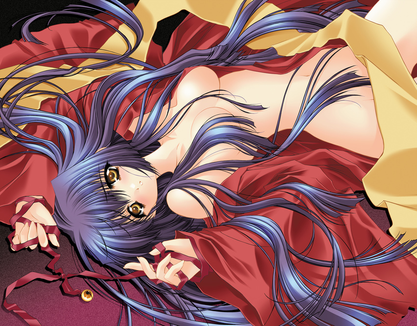 bell blue_hair blush breasts carnelian convenient_censoring gradient_hair hair_censor hair_over_breasts highres japanese_clothes jingle_bell kao_no_nai_tsuki kimono kuraki_suzuna long_hair lying multicolored_hair navel non-web_source off_shoulder on_back open_clothes purple_hair ribbon small_breasts solo very_long_hair yellow_eyes