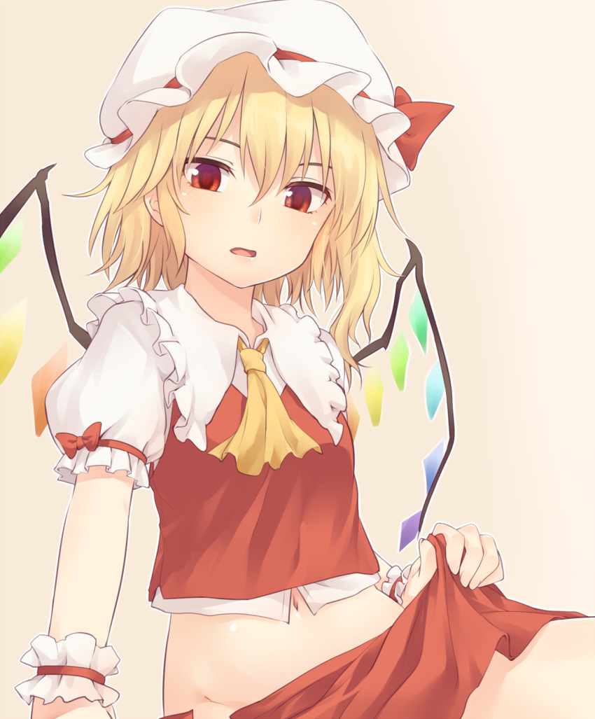 1girl ascot bangs beige_background blonde_hair blush bow breasts commentary_request crystal flandre_scarlet frilled_shirt_collar frills groin hair_between_eyes hat hat_bow highres looking_at_viewer miniskirt miyo_(ranthath) mob_cap navel one_side_up open_mouth outline puffy_short_sleeves puffy_sleeves red_bow red_eyes red_skirt red_vest shirt short_hair short_sleeves simple_background skirt skirt_hold small_breasts solo stomach thighs touhou upper_body vest white_hat white_outline white_shirt wings wrist_cuffs yellow_neckwear