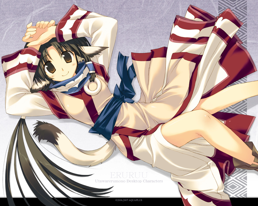 ainu_clothes amazuyu_tatsuki animal_ears arms_up bangs black_hair blush boots breasts brown_eyes character_name company_name copyright_name dated dog_ears dog_tail dutch_angle eruruw from_above gradient gradient_background grey_background hair_ornament hair_tubes hands_together light_smile long_hair long_sleeves looking_at_viewer low_ponytail lying official_art on_back parted_bangs sash shadow sidelocks small_breasts smile solo tail turtleneck utawareru_mono very_long_hair wallpaper wide_sleeves