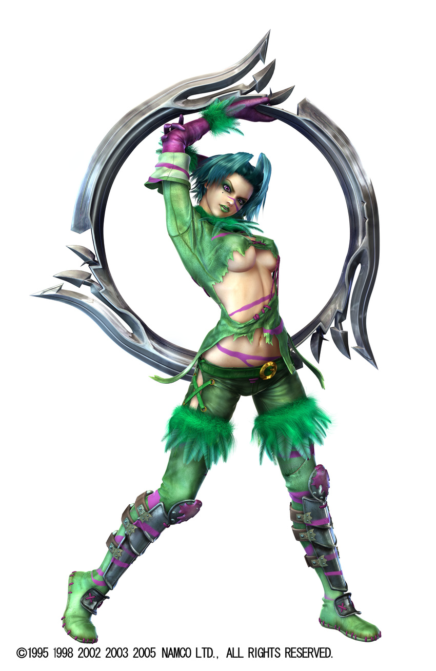 3d absurdres arms_up bangs belt blue_hair bodypaint boots breasts breasts_apart chakram company_name cross-laced_clothes dated elbow_gloves eyelashes eyeshadow facepaint facial_mark feathers full_body fur_trim gloves green_footwear green_lipstick head_tilt highres holding holding_arm holding_weapon huge_weapon kawano_takuji large_breasts leather leather_pants legs_apart lipstick looking_at_viewer makeup midriff mole mole_under_eye navel no_bra pants parted_lips purple_eyes purple_gloves revealing_clothes shin_guards short_hair simple_background sleeves_folded_up solo soulcalibur soulcalibur_iii standing thigh_boots thighhighs tira_(soulcalibur) torn_clothes underboob weapon white_background