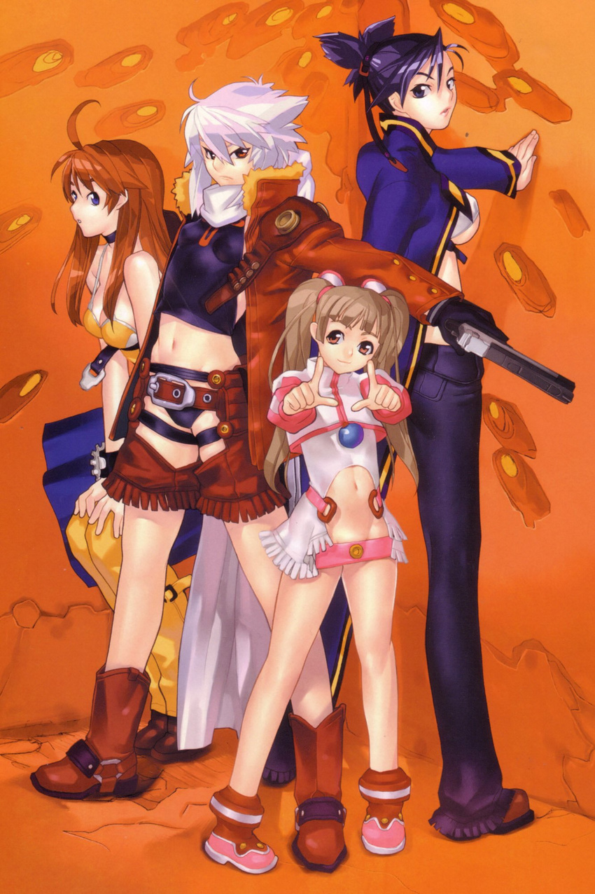 amy_(bakuretsu_tenshi) bakuretsu_tenshi black_hair blue_eyes blush boots brown_eyes brown_footwear brown_hair fringe_trim full_body hakua_ugetsu highres jo_(bakuretsu_tenshi) knee_boots meg_(bakuretsu_tenshi) multiple_girls orange_background ponytail scan sei_(bakuretsu_tenshi) sheath sheathed short_hair silver_hair simple_background standing sword weapon