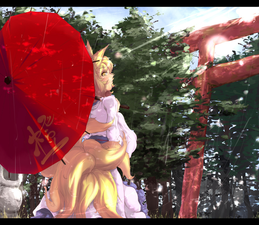 animal_ears aruu_(memories) bad_id bad_pixiv_id blonde_hair fox_ears fox_tail highres lens_flare letterboxed light_rays multiple_tails oriental_umbrella rain short_hair solo sunbeam sunlight tail torii touhou tree umbrella yakumo_ran yellow_eyes