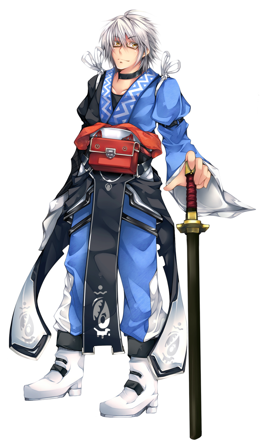 ahoge bad_perspective bad_proportions belt boots choker collarbone full_body glasses hands_on_hilt highres japanese_clothes katana long_sleeves male_focus morichika_rinnosuke scabbard serizawa_mutsuki sheath silver_hair solo sword tasuki touhou transparent_background unsheathed weapon yellow_eyes yin_yang