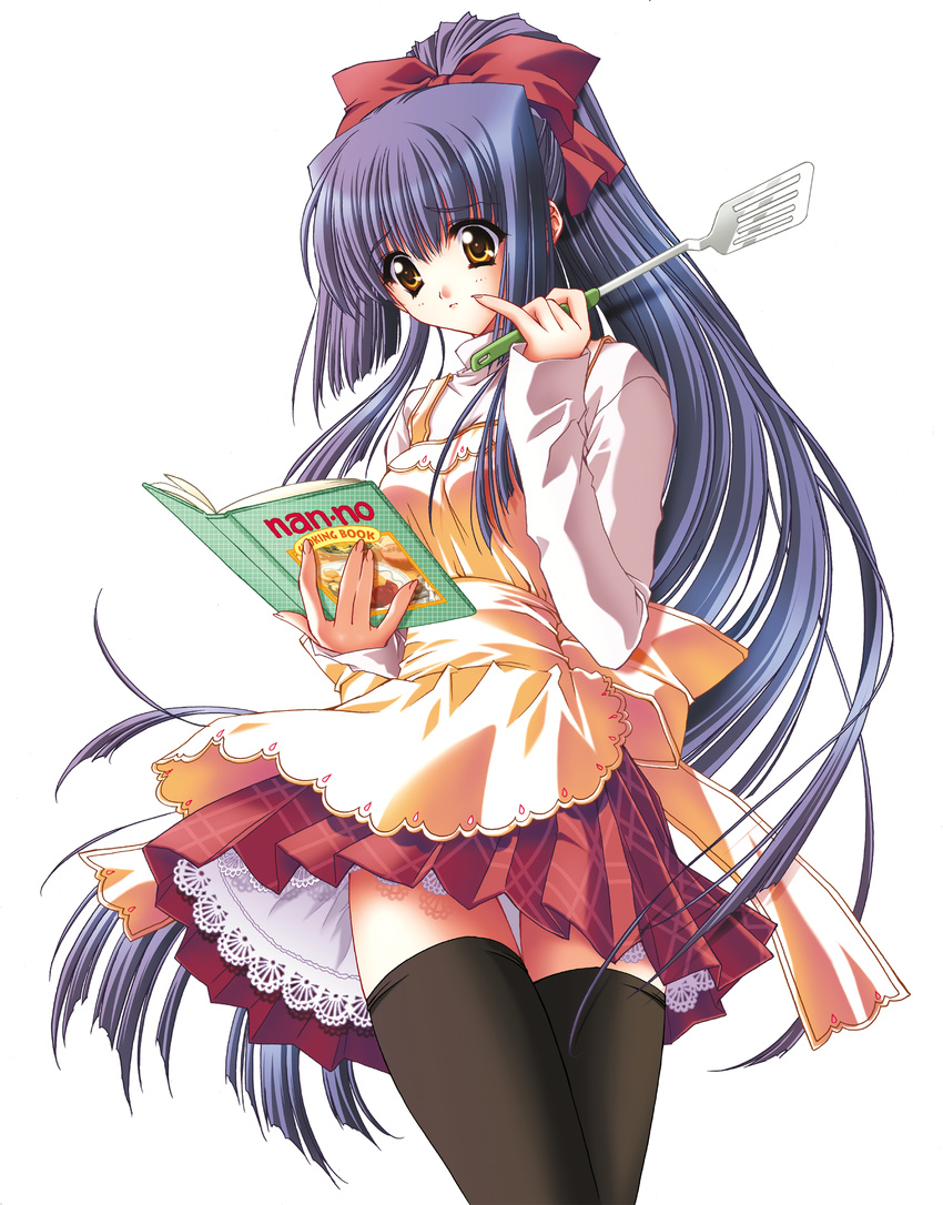 apron book carnelian highres kao_no_nai_tsuki kuraki_suzuna long_hair purple_hair ribbon skirt solo thighhighs