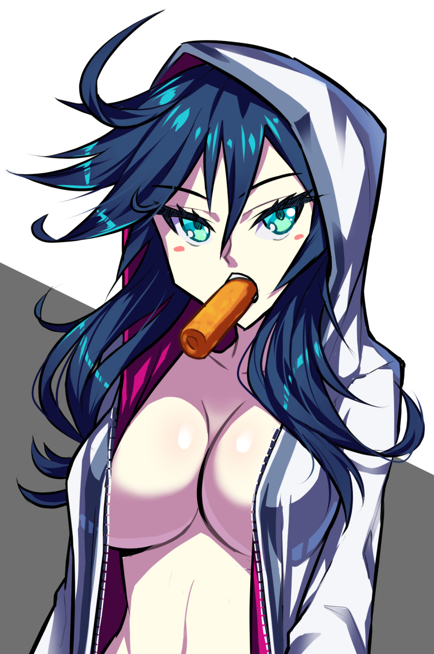 1girl ahoge aqua_eyes blue_hair blush blush_stickers breasts center_opening collarbone erect_nipples eyebrows_visible_through_hair food food_in_mouth grey_hoodie highres hood hoodie large_breasts looking_at_viewer medium_hair messy_hair mouth_hold naked_hoodie navel no_bra open_clothes original pastry samael_(5211) sexually_suggestive solo teeth teeth_hold unzipped upper_body wavy_hair zipper