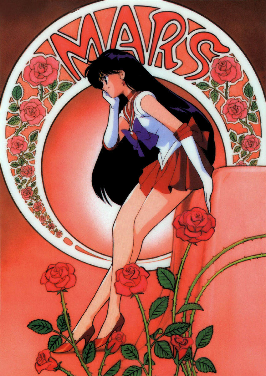 90s art_nouveau back_bow bare_legs bishoujo_senshi_sailor_moon black_hair bow choker earrings elbow_gloves flower from_side full_body gloves high_heels highres hino_rei jewelry legs long_hair magical_girl official_art purple_bow red red_background red_flower red_rose red_sailor_collar red_skirt rose sailor_collar sailor_mars sailor_senshi_uniform shoes skirt solo standing tadano_kazuko tiara very_long_hair white_gloves