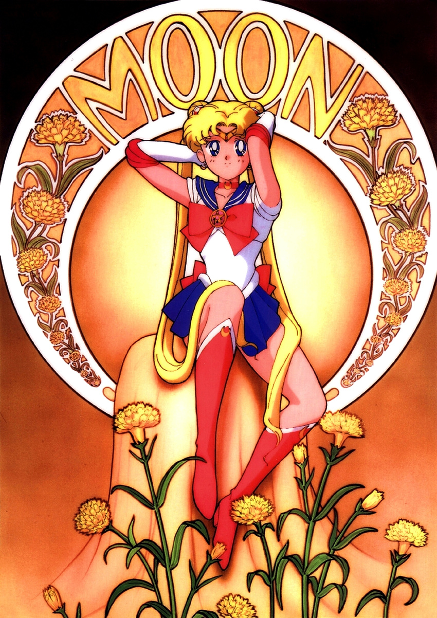 90s arms_up art_nouveau back_bow bishoujo_senshi_sailor_moon blonde_hair blue_eyes blue_sailor_collar blue_skirt boots bow carnation character_name choker circlet double_bun earrings elbow_gloves flower full_body gloves highres jewelry knee_boots long_hair magical_girl red_bow red_choker red_footwear sailor_collar sailor_moon sailor_senshi_uniform scan scan_artifacts skirt solo tadano_kazuko tsukino_usagi twintails very_long_hair white_gloves yellow yellow_background