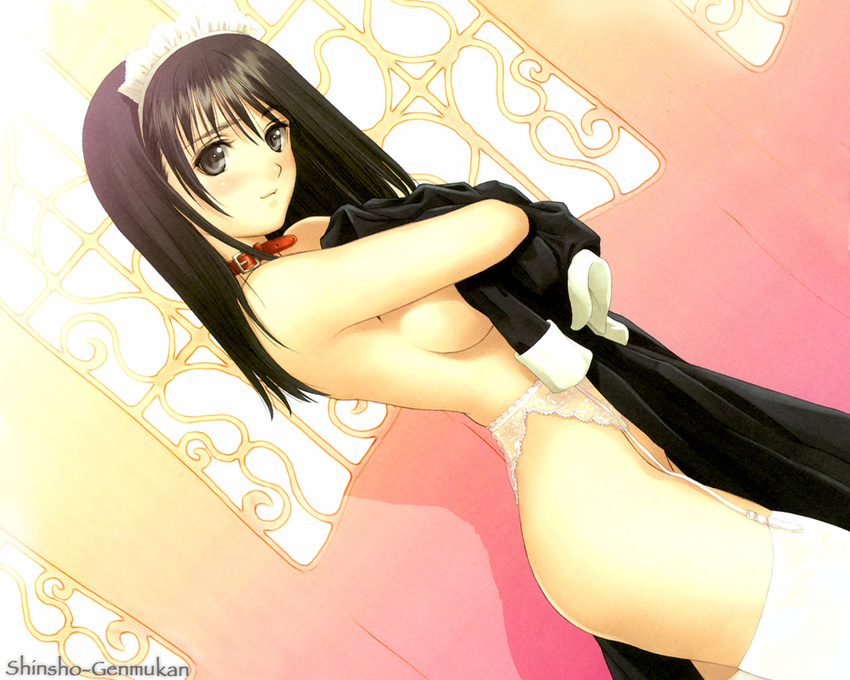 bangs belt_collar black_dress black_eyes black_hair blush breasts closed_mouth clothes_in_front collar covering cowboy_shot dress duplicate from_side garter_belt genmukan head_tilt holding_clothes long_hair maid maid_headdress medium_breasts nude see-through sideboob smile solo tanaka_takayuki thighhighs wallpaper watase_nozomi white_legwear