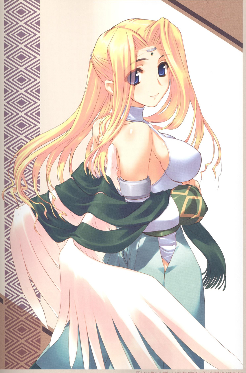 amazuyu_tatsuki bare_shoulders blonde_hair border breasts circlet eyes_visible_through_hair fringe_trim from_side gem gradient gradient_background halterneck highres jewelry large_breasts light_smile long_hair looking_at_viewer looking_back official_art ponytail scan shawl side_slit sideboob sidelocks skirt smile solo standing turtleneck urtoriy utawareru_mono wings