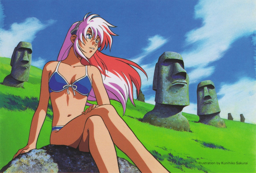 90s alternate_costume arm_support bangs bikini birdy_cephon_altirra blue_bikini blue_eyes breasts cloud crossed_legs day duplicate easter_island floating_hair front-tie_bikini front-tie_top grass grin hairband hand_on_own_thigh landmark long_hair looking_to_the_side moai multicolored_hair navel official_art outdoors red_hair rock sakurai_kunihiko scan sitting sky small_breasts smile solo statue swimsuit tetsuwan_birdy two-tone_hair very_long_hair white_hair wind