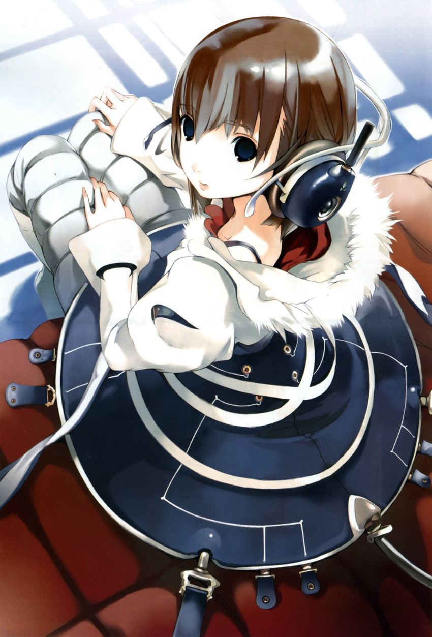 absurdres blue_eyes boots brown_hair from_above fur girl's_avenue headphones highres houden_eizou knee_boots looking_back looking_up megami non-web_source short_hair sitting skirt solo
