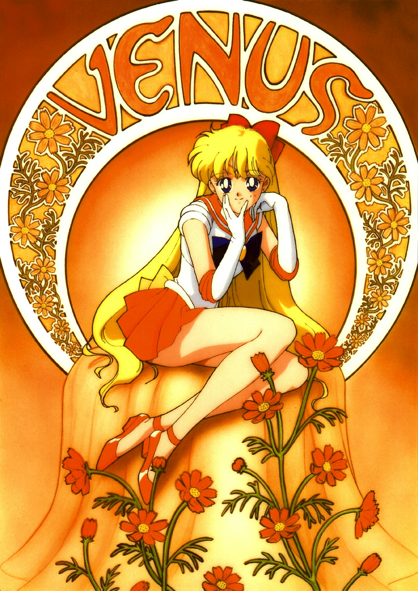90s aino_minako art_nouveau back_bow bare_legs bishoujo_senshi_sailor_moon blonde_hair blue_eyes bow chin_rest cosmos_(flower) elbow_gloves flower full_body gloves hair_bow high_heels highres legs long_hair looking_at_viewer magical_girl official_art orange_(color) orange_background orange_footwear orange_sailor_collar orange_skirt red_bow sailor_collar sailor_senshi_uniform sailor_venus scan scan_artifacts shoes sitting skirt smile solo strappy_heels tadano_kazuko tiara very_long_hair white_gloves