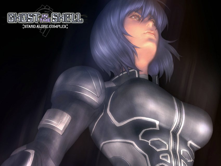 artist_request brown_eyes cyberpunk cyborg from_below ghost_in_the_shell ghost_in_the_shell_stand_alone_complex highres kusanagi_motoko lips purple_hair science_fiction short_hair solo wallpaper