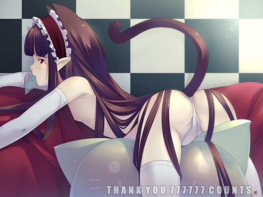 animal_ears bent_over cat_ears condom condom_in_mouth copyright_request crotch_rub fat_mons flat_chest fujishiro_touma gloves gothic lying masturbation mouth_hold pillow_sex solo tail thighhighs top-down_bottom-up