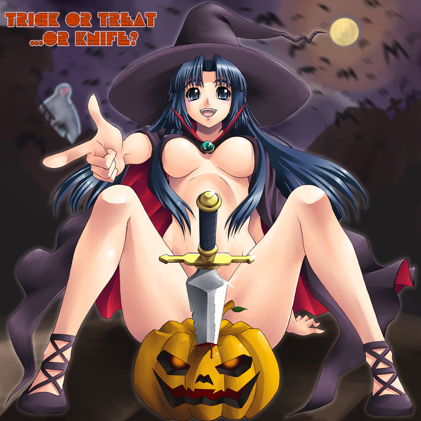arm_support asakura_ryouko bat blood blue_eyes blue_hair breasts cape convenient_censoring covered_nipples dagger english finger_gun halloween hat highres jack-o'-lantern knife large_breasts leaf moon naked_cape naked_pumpkin night nude open_mouth pumpkin solo suzumiya_haruhi_no_yuuutsu trick_or_treat weapon witch witch_hat yaso_shigeru