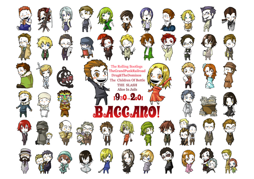 6+girls adele_(baccano!) adjusting_eyewear artist_request baccano! bag bandana beard berga_gandor black_eyes black_hair blonde_hair blue_eyes bow bowtie brown_eyes brown_hair camera carol_(baccano) chair chane_laforet character_request chibi christopher_shouldered claire_stanfield closed_eyes coat czeslaw_meyer desk dress drum_(container) dual_wielding edith_(baccano!) elmer_albatross ennis eve_genoard everyone eyepatch facial_hair firo_prochainezo flower formal glasses gloves graham_spector green_eyes grin gustav_st-germain hair_flower hair_ornament hair_over_one_eye hat holding hot_dog huey_laforet inspector_edward isaac_dian jacuzzi_splot keith_gandor knife ladd_russo lua_klein luck_gandor maiza_avaro maria_barcelito mask miria_harvent monocle multiple_boys multiple_girls mustache necktie nice_holystone old_man phil_(baccano) polearm rachel_(baccano!) rail_(baccano) red_eyes red_hair reverse_trap ricard_russo riza_laforet rose roy_maddock scar scissors sickle_(baccano) smile spear suit sword sylvie_lumiere tattoo tears tick_jefferson tock_jefferson trench_coat weapon white_background wrench yellow_eyes