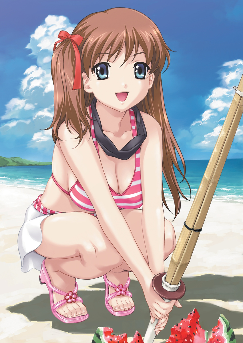 :d amamiya_momona bangs beach bikini bikini_skirt blindfold blindfold_removed blue_eyes breasts brown_hair cleavage cloud day eyebrows_visible_through_hair feet fingernails floral_print food fruit full_body hair_ribbon happoubi_jin happy high_heels highres holding large_breasts long_fingernails looking_at_viewer medium_breasts ocean official_art one_side_up open_mouth outdoors palm_tree pink_footwear resort_boin ribbon sandals scan shadow shinai shoes sideboob sky smile solo squatting striped striped_bikini suikawari swimsuit sword tiptoes tree two-handed v_arms watermelon weapon