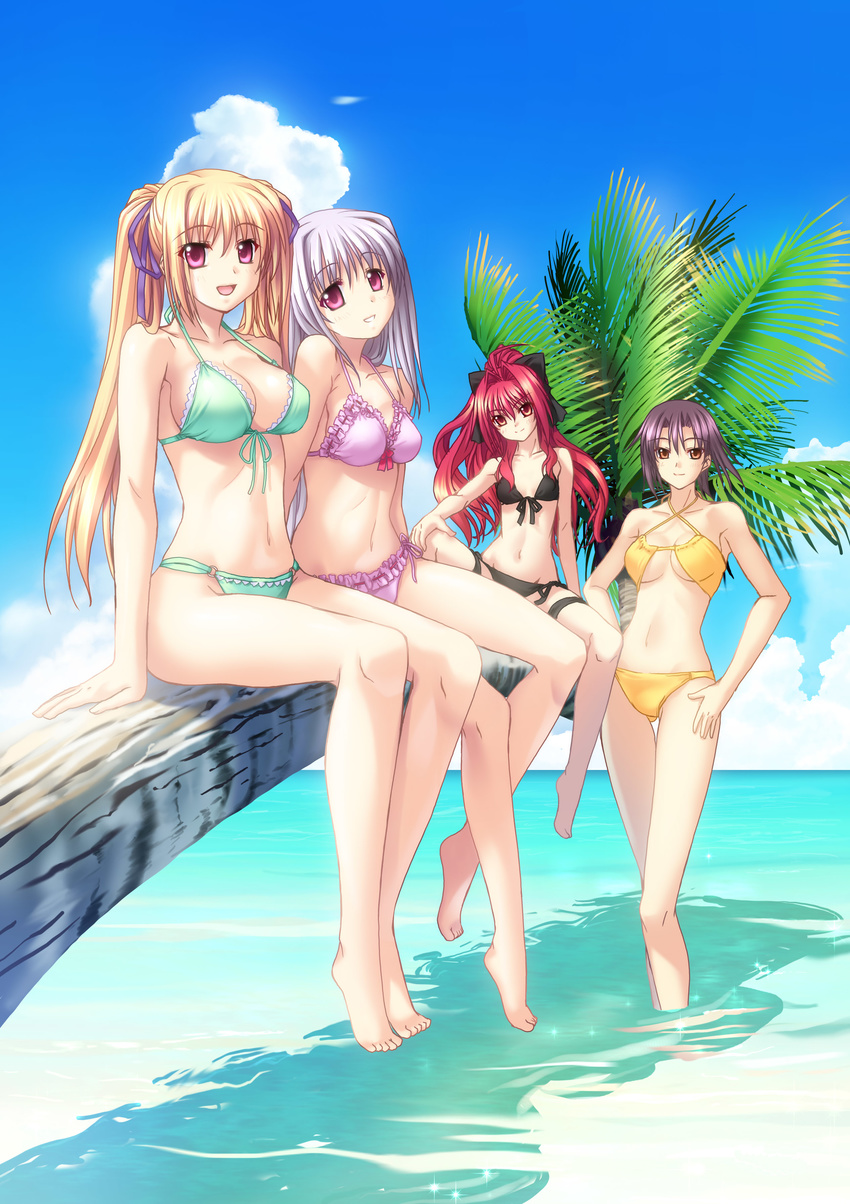 :d absurdres ahoge barefoot beach bikini blonde_hair breasts cleavage cloud corticarte_apa_lagranges day feet flat_chest frilled_bikini frills front-tie_top garters hair_intakes hair_ribbon hands_on_hips head_tilt highres in_tree kannatsuki_noboru large_breasts legs lineup long_hair long_legs multiple_girls official_art open_mouth orange_eyes outdoors palm_tree pink_eyes ponytail purple_hair red_eyes red_hair ribbon shadow shinkyoku_soukai_polyphonica siblings side-tie_bikini sideboob silver_hair sisters sitting sitting_in_tree sky smile spread_legs standing straddling swimsuit thigh_gap tree tsuge_eufinley twintails underboob wading water yugiri_perserte yugiri_princesca