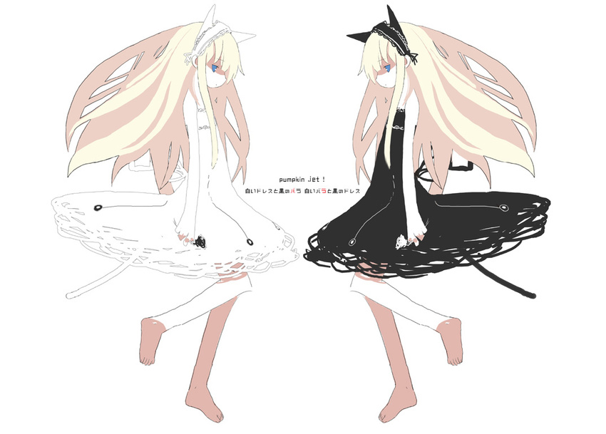 animal_ears barefoot black_vs_white blonde_hair blue_eyes cat_ears copyright_request dress flower gothic hairband lace long_hair multiple_girls rose sanada_taketo siblings simple_background sisters symmetry tail twins
