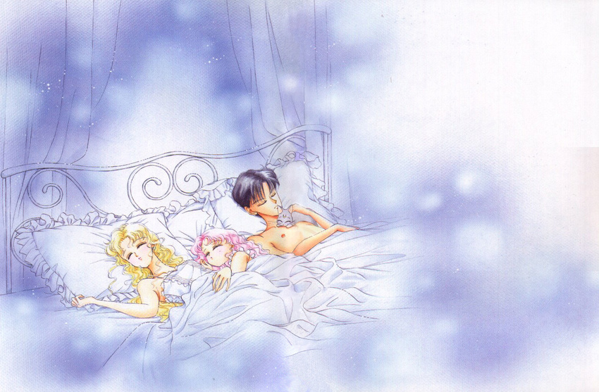 2girls 90s alternate_hairstyle bed bishoujo_senshi_sailor_moon black_hair blonde_hair cat chiba_mamoru chibi_usa commentary diana_(sailor_moon) family frills lingerie long_hair multiple_girls nightgown official_art pillow pink_hair sleeping takeuchi_naoko topless traditional_media tsukino_usagi underwear