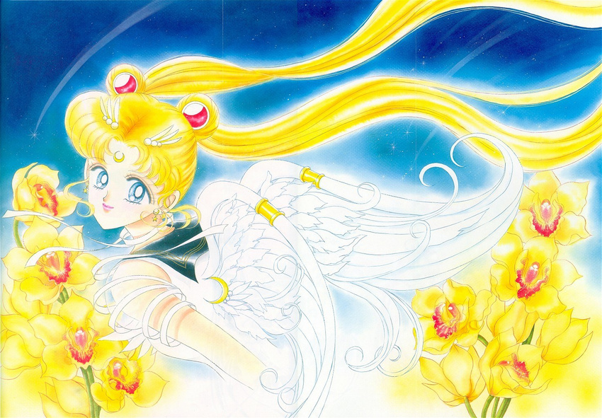 90s bishoujo_senshi_sailor_moon blonde_hair blue_eyes blue_sailor_collar commentary double_bun earrings flower jewelry long_hair magical_girl non-web_source official_art orchid sailor_collar sailor_moon sailor_senshi_uniform solo takeuchi_naoko tsukino_usagi twintails upper_body very_long_hair wings