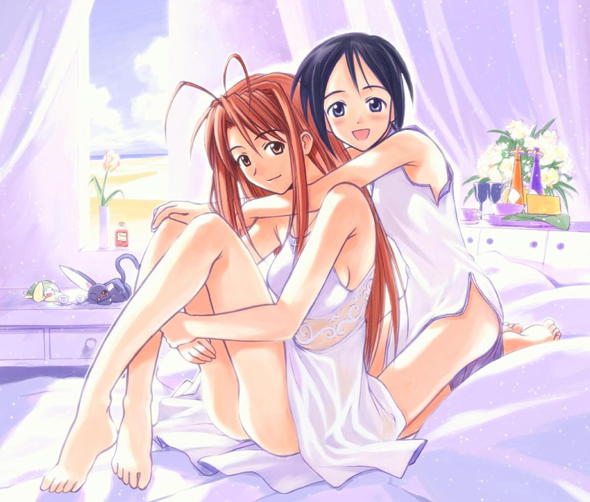 akamatsu_ken antenna_hair barefoot bed black_cat black_hair blue_eyes blush bob_cut breasts brown_eyes cat china_dress chinese_clothes cross cross_necklace curtains dress hug hug_from_behind jewelry kuro_(love_hina) latin_cross leg_hug lingerie long_hair looking_at_viewer love_hina maehara_shinobu medium_breasts multiple_girls narusegawa_naru necklace nightgown official_art seiza short_hair sideboob sitting skirt small_breasts tama_(love_hina) turtle underwear white_skirt