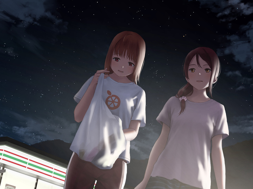 2girls 7-eleven bag bangs brown_eyes dutch_angle hair_ornament hair_over_shoulder hair_scrunchie holding holding_bag long_hair love_live! love_live!_sunshine!! low-tied_long_hair multiple_girls night night_sky open_mouth orange_hair orange_print outdoors pants papi_(papiron100) pink_scrunchie pink_shirt print_shirt red_eyes red_hair sakurauchi_riko scrunchie shirt shopping_bag short_hair short_sleeves sky smile star_(sky) starry_sky t-shirt takami_chika white_shirt