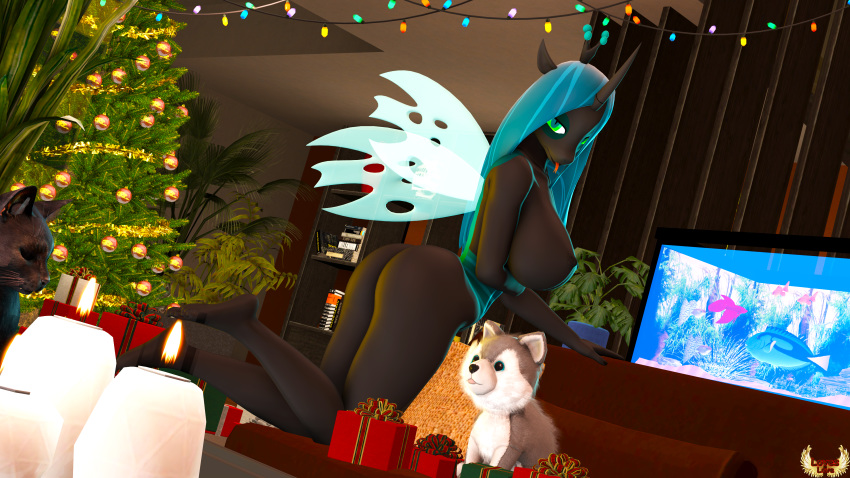 absurd_res anthro anthrofied aquarium big_breasts breasts butt candle changeling christmas christmas_tree dutch_angle female fish forked_tongue friendship_is_magic green_eyes green_hair hair hi_res holidays insect_wings inside kneeling looking_at_viewer looking_back loveslove marine my_little_pony nipples nude plushie queen_chrysalis_(mlp) tongue tongue_out tree wings